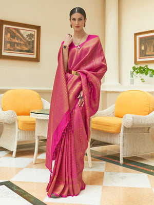 Rajwada Pink Woven Design Silk Blend Saree With Unstitched Blouse For Women
