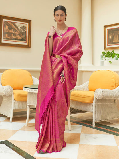 Rajwada Pink Woven Design Silk Blend Saree With Unstitched Blouse For Women