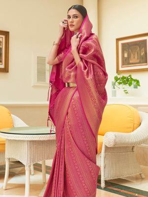 Rajwada Pink Woven Design Silk Blend Saree With Unstitched Blouse For Women