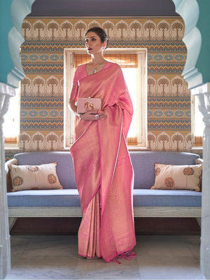 Rajwada Pink Woven Design Silk Blend Saree With Unstitched Blouse For Women