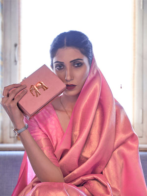 Rajwada Pink Woven Design Silk Blend Saree With Unstitched Blouse For Women