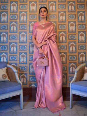 Rajwada Pink Woven Design Silk Blend Saree With Unstitched Blouse For Women