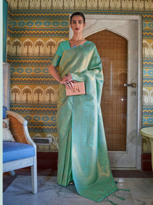 Rajwada Sea Green Woven Design Silk Blend Saree With Unstitched Blouse For Women