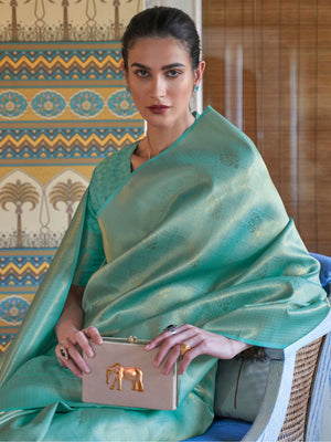Rajwada Sea Green Woven Design Silk Blend Saree With Unstitched Blouse For Women