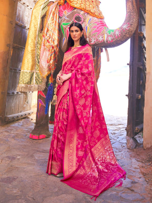 Rajwada Pink Woven Design Silk Blend Saree With Unstitched Blouse For Women