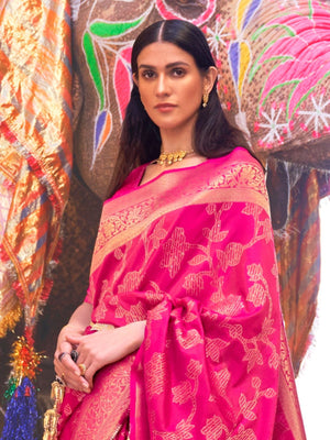 Rajwada Pink Woven Design Silk Blend Saree With Unstitched Blouse For Women