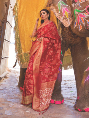 Rajwada Maroon Woven Design Silk Blend Saree With Unstitched Blouse For Women