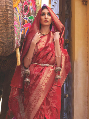 Rajwada Maroon Woven Design Silk Blend Saree With Unstitched Blouse For Women