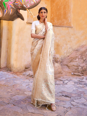 Rajwada Off White Woven Design Silk Blend Saree With Unstitched Blouse For Women