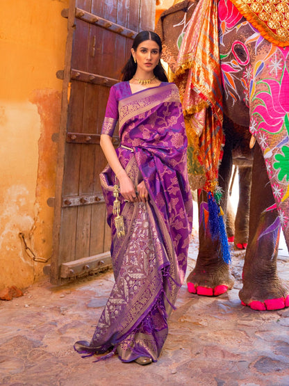 Rajwada Purple Woven Design Silk Blend Saree With Unstitched Blouse For Women