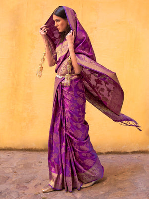 Rajwada Purple Woven Design Silk Blend Saree With Unstitched Blouse For Women