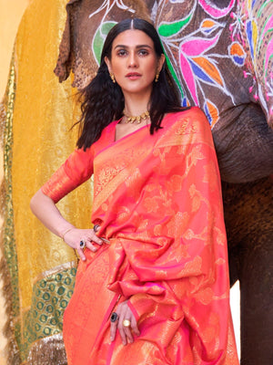 Rajwada Orange Woven Design Silk Blend Saree With Unstitched Blouse For Women