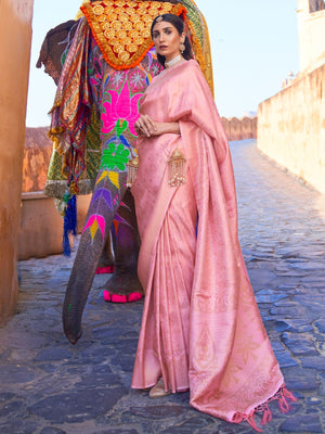 Rajwada Pink Woven Design Silk Blend Saree With Unstitched Blouse For Women