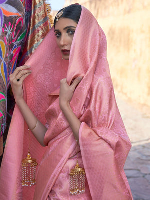 Rajwada Pink Woven Design Silk Blend Saree With Unstitched Blouse For Women