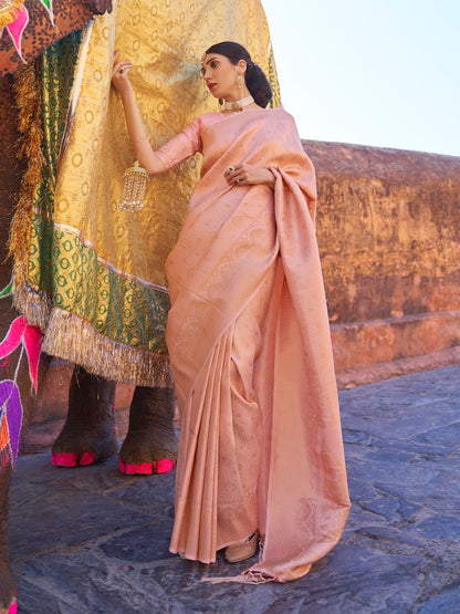 Rajwada Peach Woven Design Silk Blend Saree With Unstitched Blouse For Women