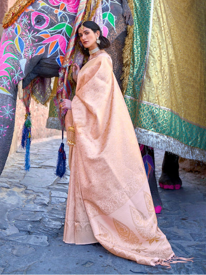 Rajwada Peach Woven Design Silk Blend Saree With Unstitched Blouse For Women