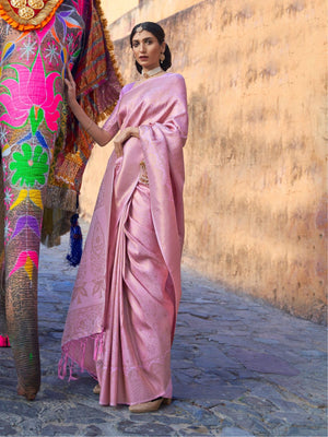 Rajwada Pink Woven Design Silk Blend Saree With Unstitched Blouse For Women