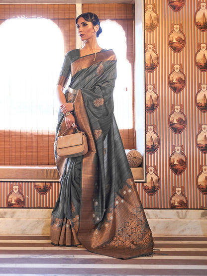 Rajwada Grey Woven Design Silk Blend Saree With Unstitched Blouse For Women