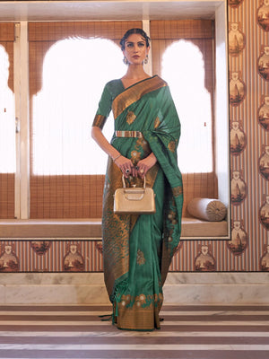 Rajwada Green Woven Design Silk Blend Saree With Unstitched Blouse For Women