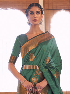 Rajwada Green Woven Design Silk Blend Saree With Unstitched Blouse For Women