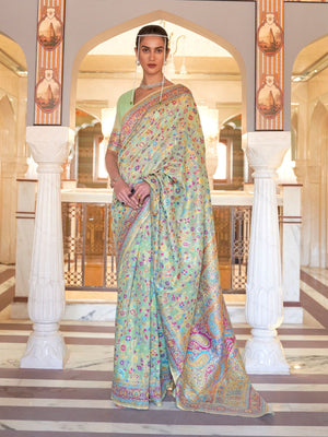 Rajwada Light Green Woven Silk Blend Saree With Unstitched Blouse For Women