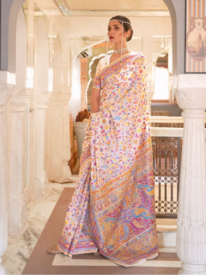 Rajwada Off White Woven Silk Blend Saree With Unstitched Blouse For Women