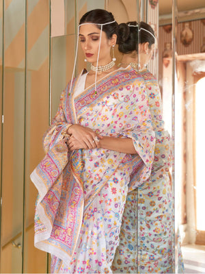 Rajwada Off White Woven Silk Blend Saree With Unstitched Blouse For Women