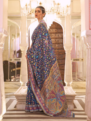 Rajwada Navy Blue Woven Silk Blend Saree With Unstitched Blouse For Women