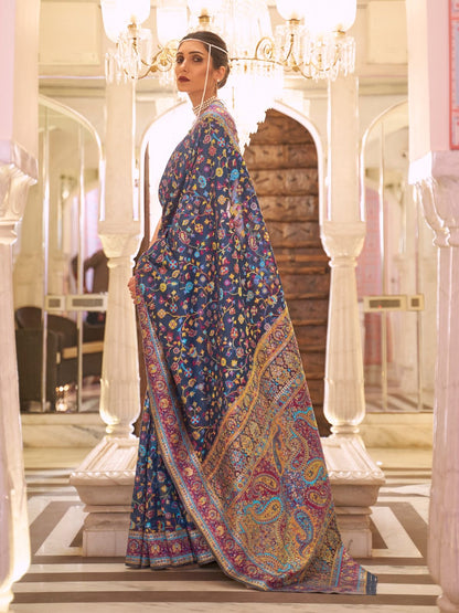 Rajwada Navy Blue Woven Silk Blend Saree With Unstitched Blouse For Women