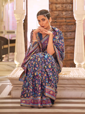 Rajwada Navy Blue Woven Silk Blend Saree With Unstitched Blouse For Women