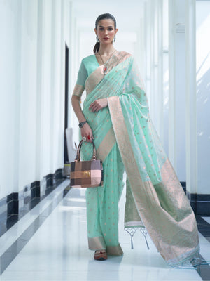 Rajwada Light Green Woven Design Silk Blend Saree With Unstitched Blouse For Women