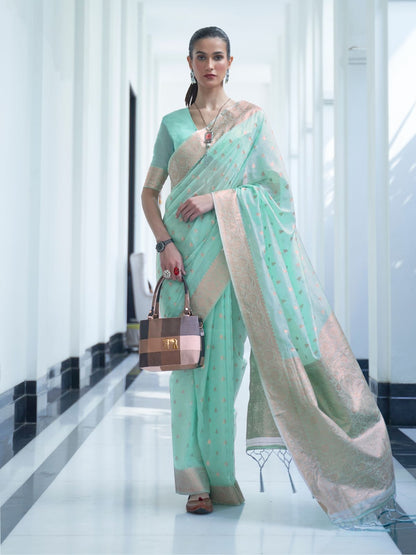 Rajwada Light Green Woven Design Silk Blend Saree With Unstitched Blouse For Women