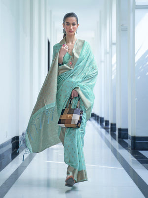 Rajwada Light Green Woven Design Silk Blend Saree With Unstitched Blouse For Women