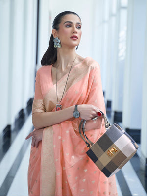 Rajwada Peach Woven Design Silk Blend Saree With Unstitched Blouse For Women