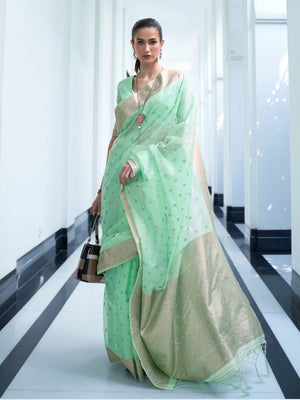 Rajwada Light Green Woven Design Silk Blend Saree With Unstitched Blouse For Women