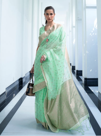 Rajwada Light Green Woven Design Silk Blend Saree With Unstitched Blouse For Women