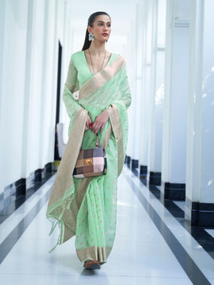 Rajwada Light Green Woven Design Silk Blend Saree With Unstitched Blouse For Women