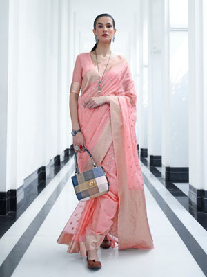 Rajwada Pink Woven Design Silk Blend Saree With Unstitched Blouse For Women