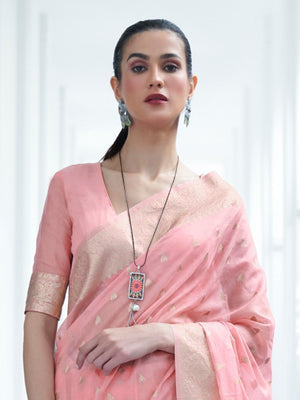Rajwada Pink Woven Design Silk Blend Saree With Unstitched Blouse For Women