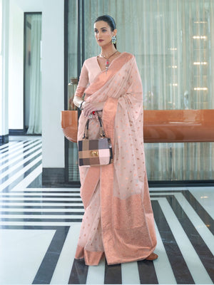 Rajwada Light Pink Woven Design Silk Blend Saree With Unstitched Blouse For Women