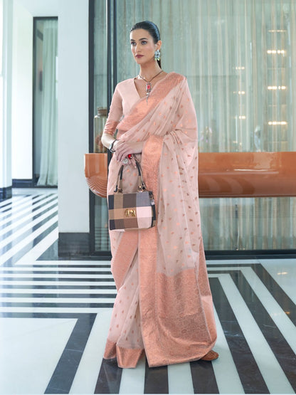 Rajwada Light Pink Woven Design Silk Blend Saree With Unstitched Blouse For Women