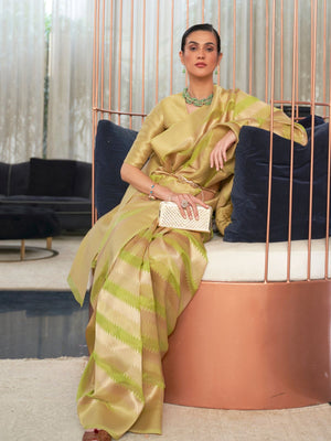 Rajwada Olive Woven Design Silk Blend Saree With Unstitched Blouse For Women