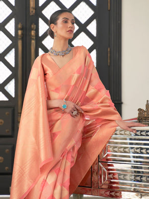 Rajwada Orange Woven Design Silk Blend Saree With Unstitched Blouse For Women