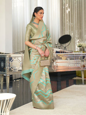 Rajwada Sea Green And Gold Woven Design Silk Blend Saree With Unstitched Blouse For Women