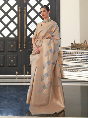 Rajwada Grey Woven Design Silk Blend Saree With Unstitched Blouse For Women