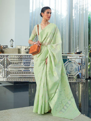 Rajwada Light Green Woven Design Cotton Blend Saree With Unstitched Blouse For Women