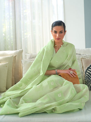 Rajwada Light Green Woven Design Cotton Blend Saree With Unstitched Blouse For Women