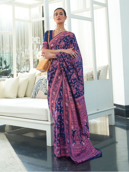 Rajwada Navy Blue Woven Design Cotton Blend Saree With Unstitched Blouse For Women