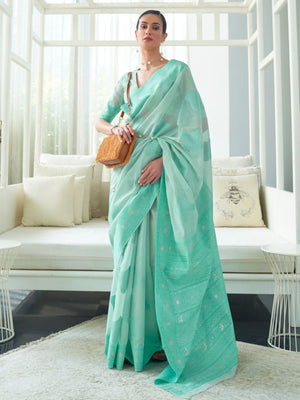 Rajwada Sea Green Woven Design Cotton Blend Saree With Unstitched Blouse For Women