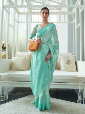 Rajwada Sea Green Woven Design Cotton Blend Saree With Unstitched Blouse For Women
